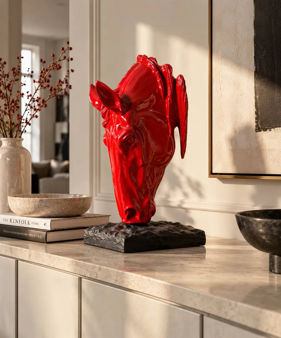 Red plastic horse head sculpture 55 cm — photo 3
