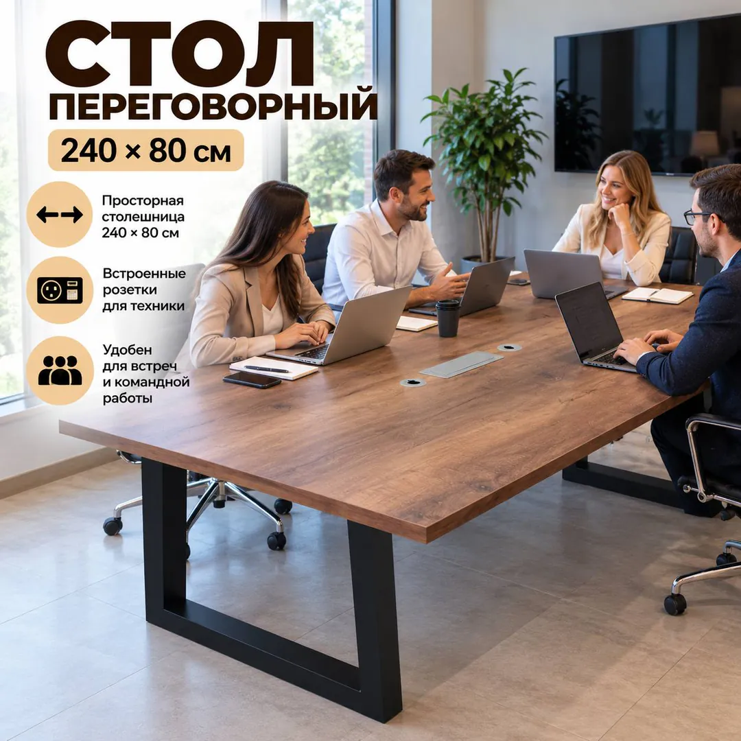 შეხვედრის მაგიდა розетки-ით 240 × 80 სმ — ფოტო 1