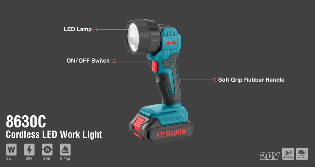 უსადენო ფარანი Ronix RH-8630с, 20V, 5W ელემენტის — ფოტო 2