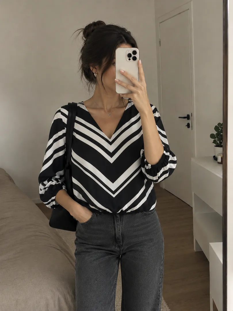 Oodji blouse in black and white stripes — photo 1
