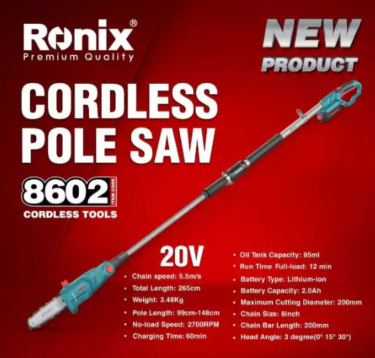 უსადენო ჯაჭვური ხერხი Ronix-8602 20v — ფოტო 7