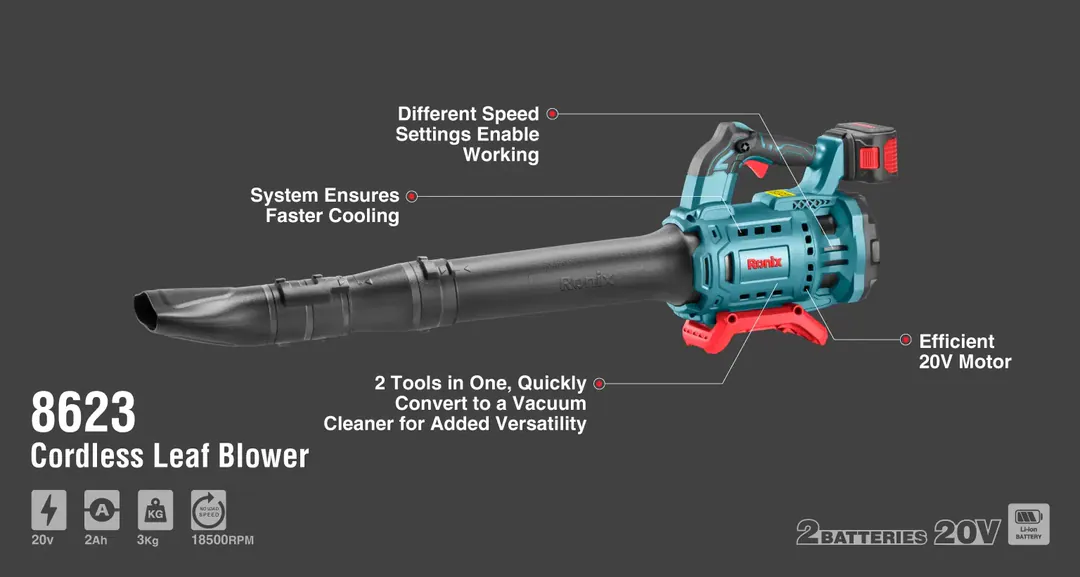 უსადენო ფოთლების დამბერი Ronix 8623с, 20V — ფოტო 2
