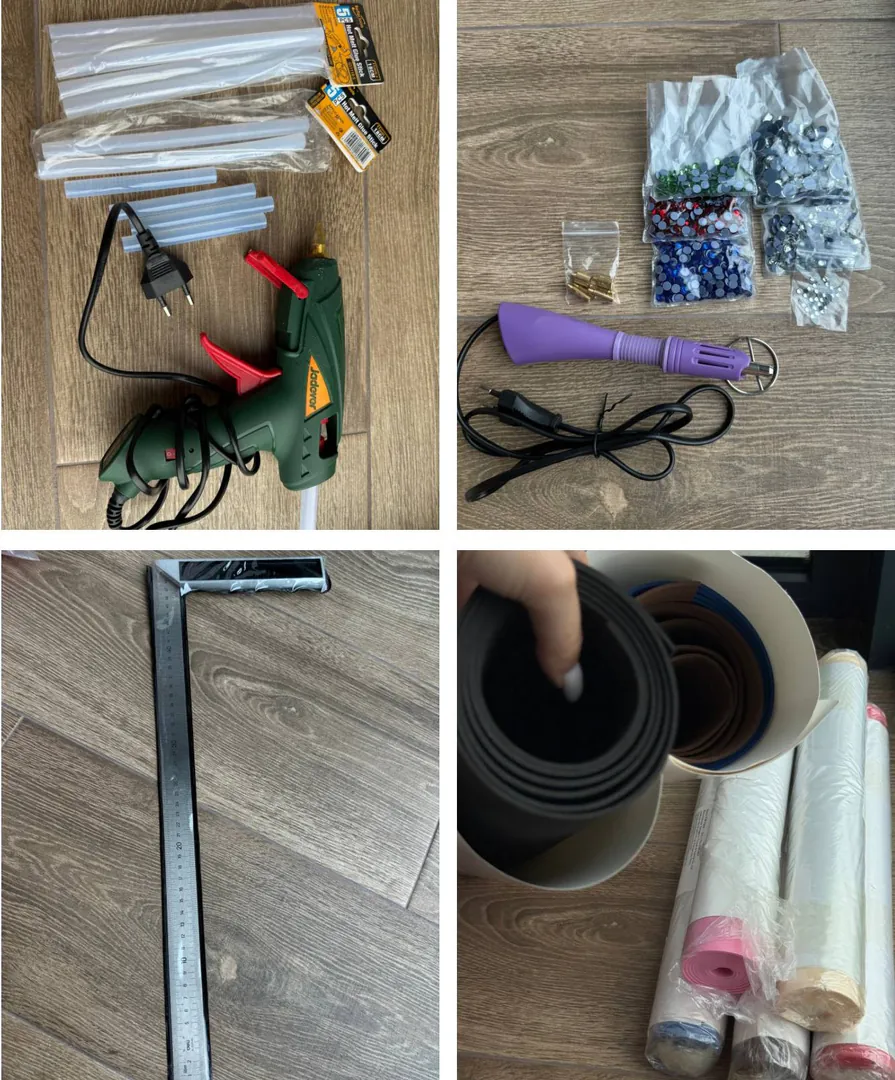 Hot glue gun, rhinestone applicator, angle gauge, EVA foam — photo 1