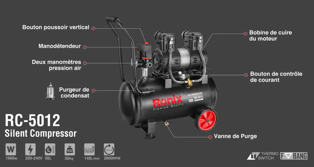 ჰაერის ჩუმი კომპრესორი Ronix RC-5012, 50ლ, 1680w — ფოტო 8
