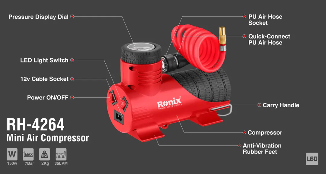 Автомобильный воздушный компрессор Ronix RH-4263, 11 бар — фото 7